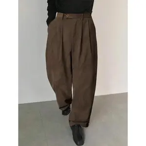 Men's Solid Color Button Fly Side Pocket Corduroy Carrot Pants, Loose-Fitting Casual Comfy Zipper Trousers for Daily Wear, Woven Bottoms for All Seasons, Casual Textured Trousers
