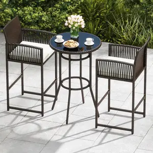 COSTWAY - 3 Piece Patio Bar Set Outdoor Wicker Bar Height Round Table and Armchairs-White COSTWAY - 3 Piece Patio Bar Set Outdoor Wicker Bar Height Round Table and Armchairs-White