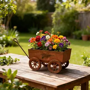 Rustic Four-Wheel Handcart Planter, Iron Rustic Handcart with Wheels, Handle, and Drainage Holes, Country Style Metal Flower Cart