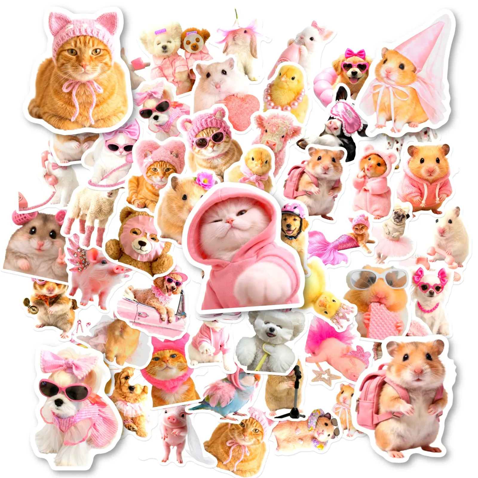 50pcs Cute Pink Animal Doodle Stickers, Office Stickers, Notebook Stickers, High-Value Positive Energy Gifts for Decorating Journals, Scrapbooks, Computers, Water Bottles, Cars, Etc.