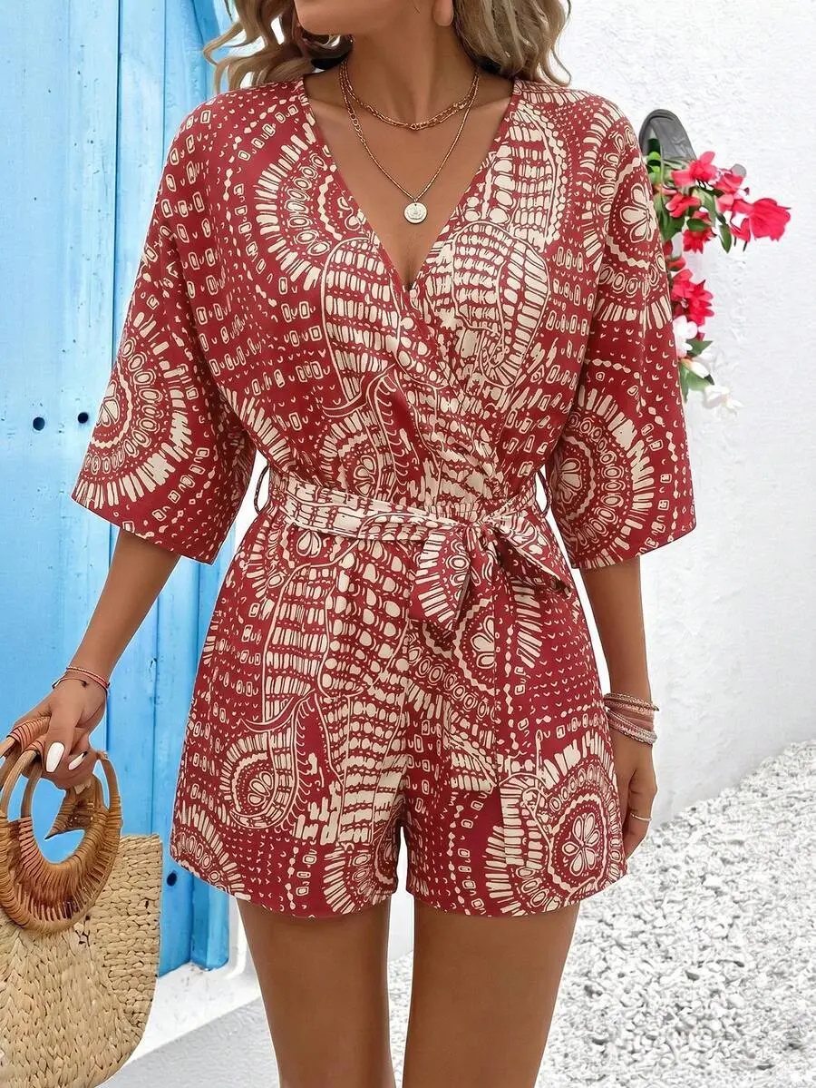 Vivid Eden Women's Summer V-Neck Criss-Cross Wrap Waist Tie-Up Beige Print Vacation Romper Beach Sexy Breezy Tropical