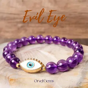 Evil Eye Healing Crystal Bracelet | 8mm Smoky Quartz, Tiger's Eye, Lapis Lazuli, Amethyst, Howlite, Red Agate, Orange Agate, Garnet, Chrysocolla Beads | Unique Handmade Jewelry for Positive