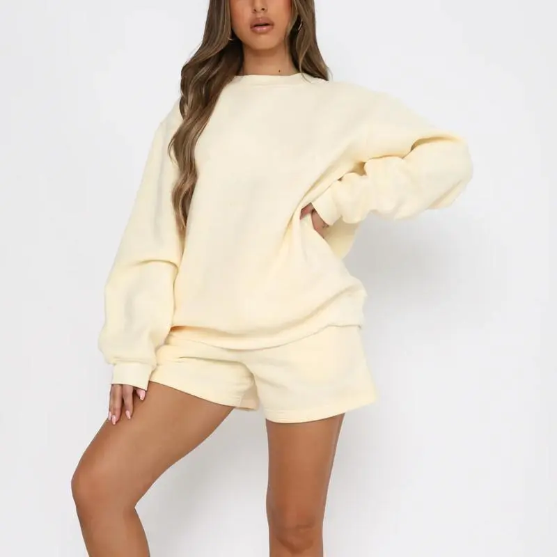 YYW1 Women's 2-Piece Lounge Set, Longsleeves Crewneck Sweatshirt & Solid Color Loose Shorts, Chic Street Style Outfit, Sizes S-XL, Daytime & Nighttime Pajama/Nightwear, Women's Clothing Set