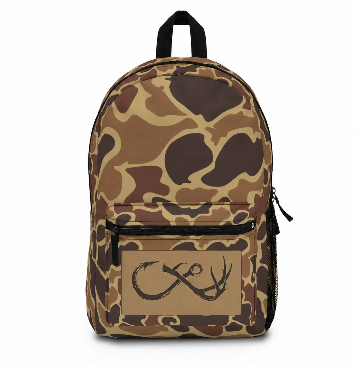 Deer Antler & Fish Hook Logo Duck Camo Backpack, Hunting Backpack, Outdoor Travel Bag, Waterfowl Hunting School Backpack, Gift for Hunters