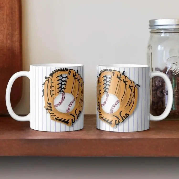 Baseball Glove Mug Vintage Sports Coffee Cup, Classic Catcher Mitt & Ball Design with Pinstripe Background, Gift for Baseball Fans, Game Day Drinkware for Home or Office