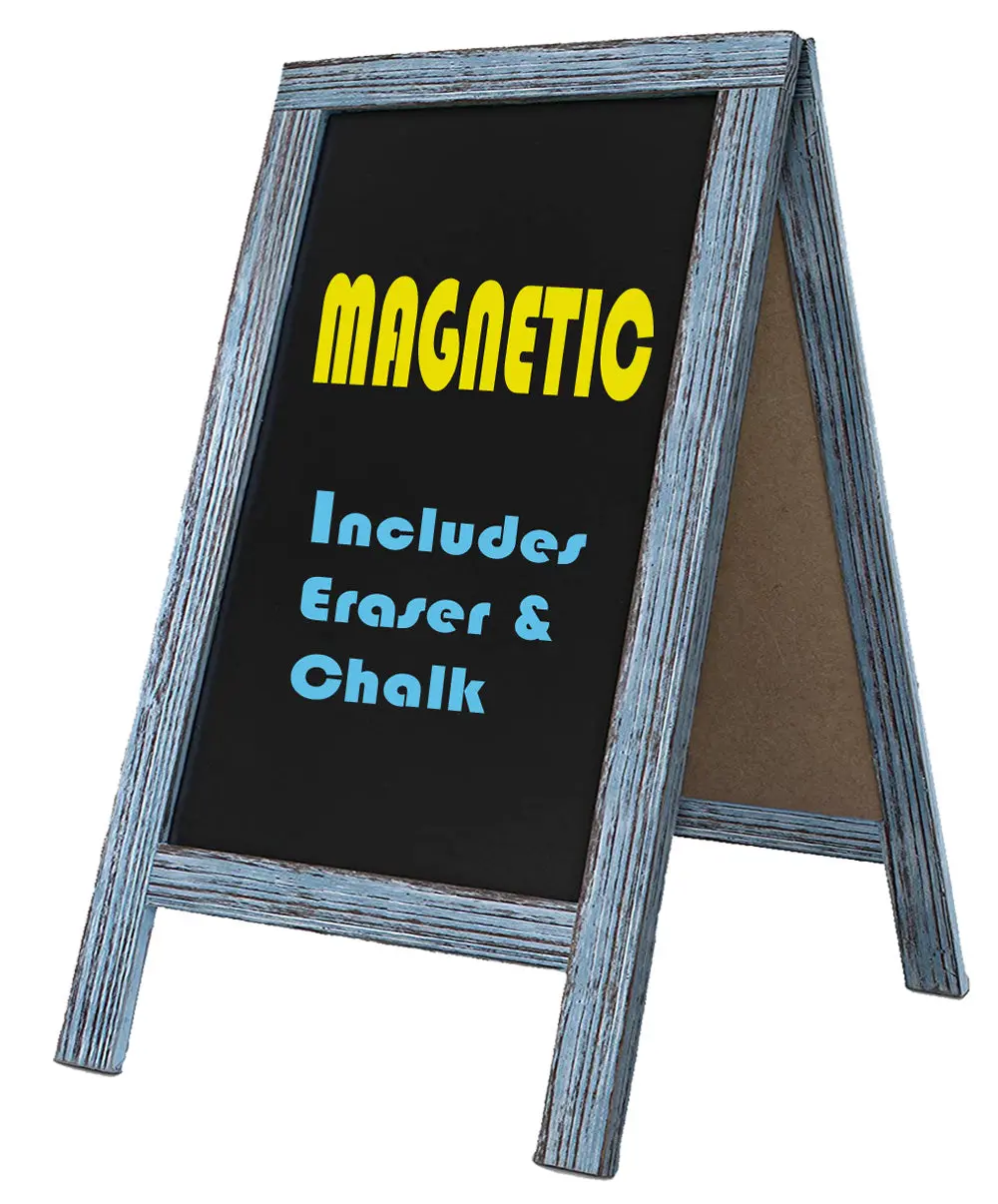 Tektrum Large Sturdy Vintage Rustic Wood Magnetic Double-Side Sidewalk A-Frame Sandwich Chalkboard Sign Board 20"x40", Free Standing, Easy Erase Writing Surface, for Shops Pubs - Rustic Blue Finish