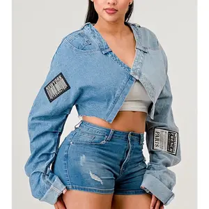 Patched Dream Denim Jacket with New York & Paris Patch Details Women's Fashionable Crop Top Style