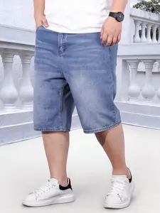 Men's Plus Size Y2K Vintage Blue Washed Plain Denim Shorts, Casual Streetwear for All Seasons, Perfect Gift for Family and Friends