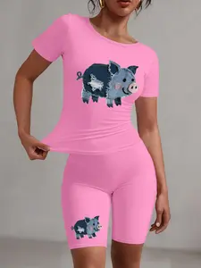 Cartoon Pig Graphic Women's  Short Top & Shorts Set, Casual Comfy Round Neck Short Sleeve Tee & Skinny Shorts, Ladies Clothes for Daily Wear, 2 Pieces Women Suits