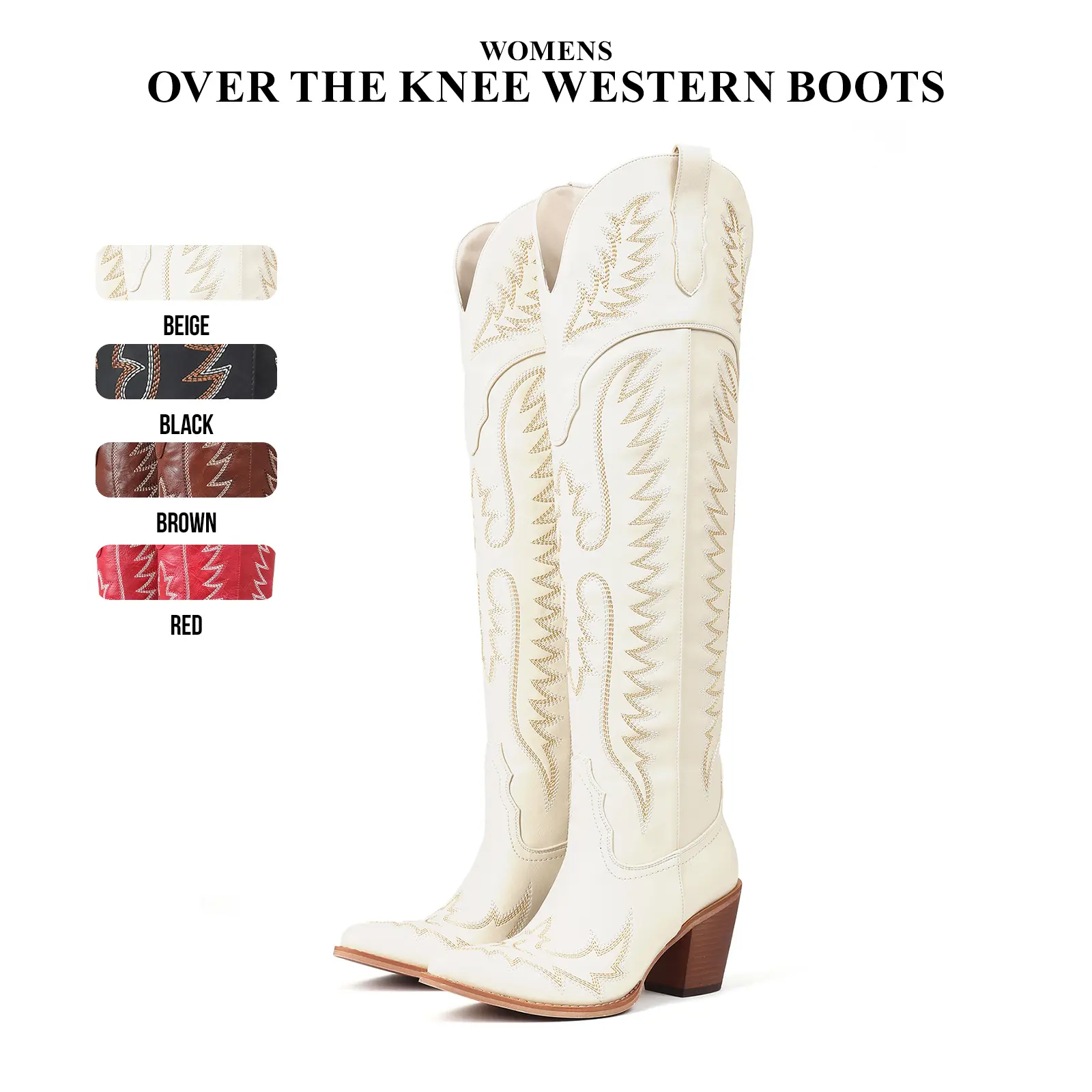 CYNLLIO Womens Cowboy Boots Over the Knee Snip Toe Chunky Block Heels Classic Embroided Side Zipper Pull On Comfy Party Casual Riding Working Club Country Concert Summer Wide Calf Boot
