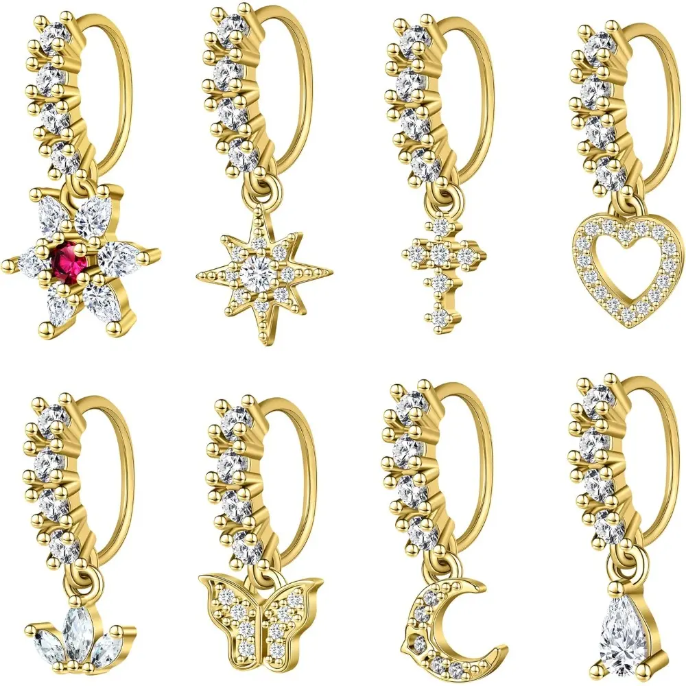 8PCS Dangle Nose Rings Hoop for Women Septum Nose Piercing Jewelry Cartilage Earring CZ Flower Leaf Star Butterfly Daith Tragus Helix Lip Piercing, Silver Gold Rose Gold