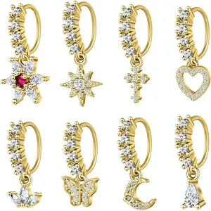 8PCS Dangle Nose Rings Hoop for Women Septum Nose Piercing Jewelry Cartilage Earring CZ Flower Leaf Star Butterfly Daith Tragus Helix Lip Piercing, Silver Gold Rose Gold