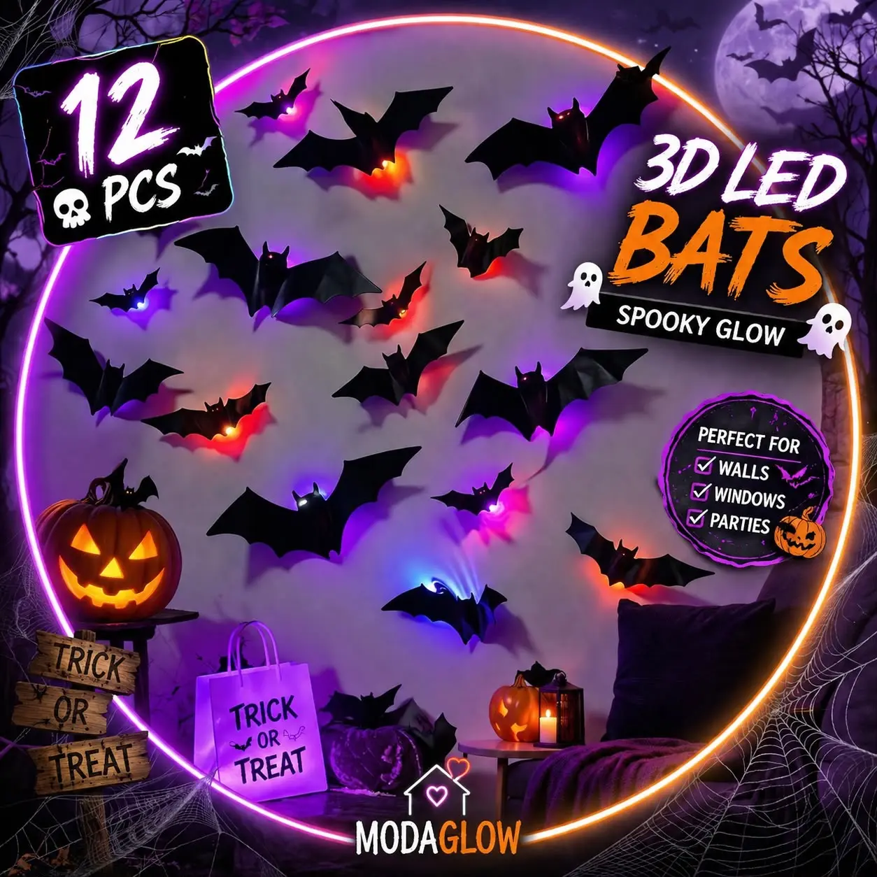 12pcs Plastic 3D Bat LED Glow Stickers,Festive Home Party Halloween Decorative Wall Lights, Spooky Bat Wall Decor, Light Up Halloween Decorations, Creepy Gothic Bat Stickers for Walls, Windows, Doors, Parties, Haunted House, Trick or Treat