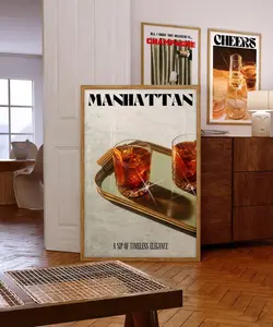Manhattan Cocktail Poster, Retro Cocktail Wall Print, Bar Cart Art, 70s Style Poster, Polaroid Print, Trendy Wall Art, Retro Poster