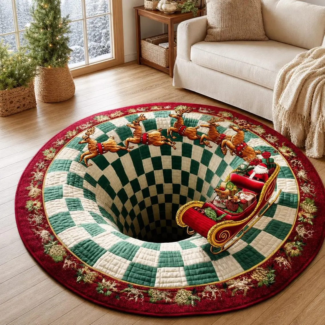 Christmas Santa Sleigh Vortex 3D Round Rug, Reindeer Checkered Optical Illusion Floor Mat, Non Slip Xmas Home Decor, Christmas Gift