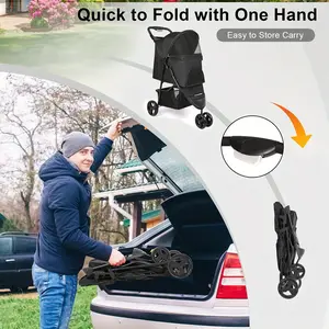 Universal Three-wheeled Baby Wheeled Dog Stroller, Pet Stroller For Small Dogs And Cats, 33 Pounds With Storage Basket And Cup Holder, With Storage Basket And Cup Holder, Send 45p Degradable Pet Garbage Bag And 1p Dispenser Black