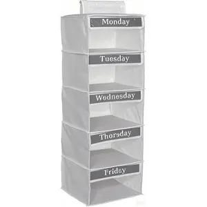 5-Tier Hanging Closet Organizer for Kids, 33-Inch Storage Unit for School Outfits, Daily Clothing Divider Monday to Friday, Space-Saving Closet Solution, Durable Fabric Shelves for Boys and Girls