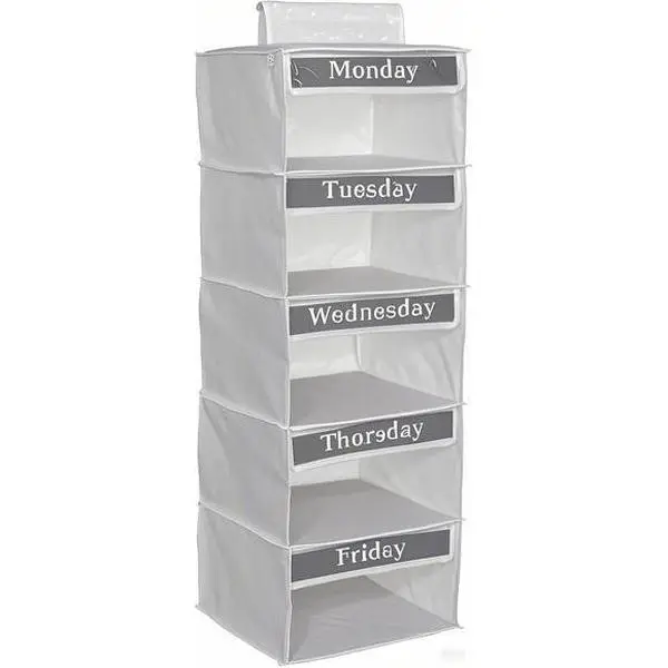 5-Tier Hanging Closet Organizer for Kids, 33-Inch Storage Unit for School Outfits, Daily Clothing Divider Monday to Friday, Space-Saving Closet Solution, Durable Fabric Shelves for Boys and Girls