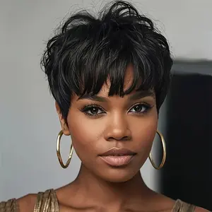 USEXY Short Human Hair Wig for Black Women Non-Lace Front Pixie Curly with Bangs 150% Density Brazilian Hair 1B Color Full Machine-Made Real Human Hair Quality