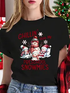 100% Cotton Women T-shirt Women Christmas T-shirt Chillin' With My Preschool Snowmies T-Shirt Print Round Neck Short Sleeve T-Shirt For Women Casual, Summer, Women Top