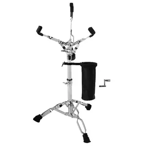 A snare drum stand equipped with a drumstick holder and drum wrench, featuring a dual-bracket tripod design compatible with 10- to 14-inch snare drum pads. Ideal for beginners, with height adjustment ranging from 14.5 to 23 inches.