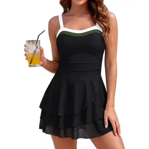 Womens Tummy Control Swimsuit 2026 One Piece Modest Swim Dress Skirts Neon Color Block Cute Bathing Suits