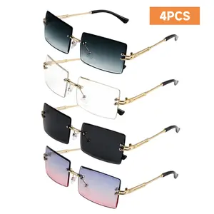 4pcs Metal Frameless Vintage Square Glasses, Rectangle Glasses for Women Men Vintage Rimless Square Glasses