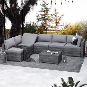 6-Person Patio Conversation Set with Cushions, Outdoor Sectional Sofa with 7-Level Adjustable Backrest for Patio, Garden, Backyard
