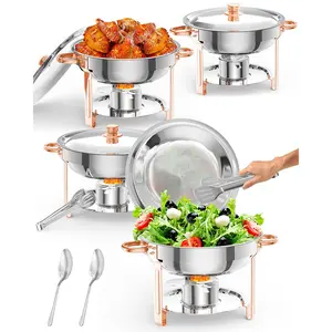 GARVEE 5QT Round Chafing Dishes Buffet Set in Elegant Rose Gold - Choose from 2, 4, or 6 Pack Options with Lid Holder, Spoon, and Tweezers, Ideal for Parties, Weddings, Events, and Banquets.