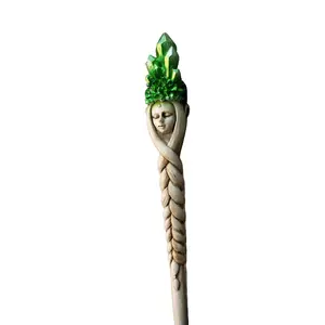 Crystal Goddess Wand - White Sculpted Ritual Wand with Braided Hair Feminine Spirit Face & Crystal Crown for Spellcasting Energy Work - Masks Party Event Props Party Supplies