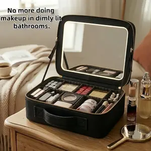 Cosmetic storage box with mirror, ideal desktop storage solution. Large capacity, portable and perfect for travel. LED light and Lego-style modular design for flexible cosmetics organization. Compact and portable, specially designed for women.