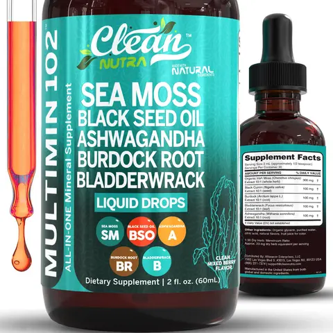 Clean Nutra Sea Moss, Black Seed Oil, Ashwagandha, Burdock Root & Bladderwrack Multimineral Supplement for Stress Relief & Wellness - MultiMin 102
