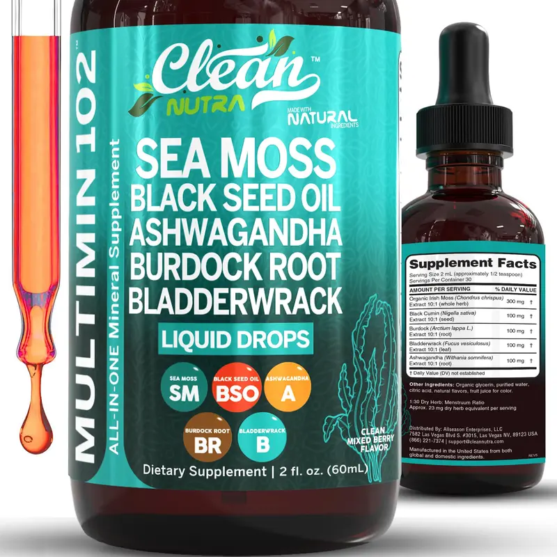 Clean Nutra Sea Moss, Black Seed Oil, Ashwagandha, Burdock Root & Bladderwrack Multimineral Supplement for Stress Relief & Wellness - MultiMin 102