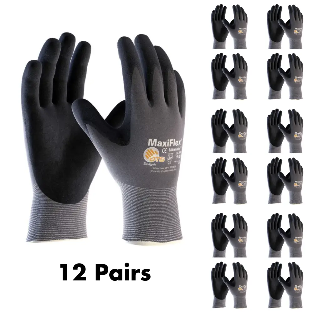 MaxiFlex PIP 34-874 Ultimate Gloves, Nitrile Palm Coated, Gray, M/L/XL (Pack of 12)