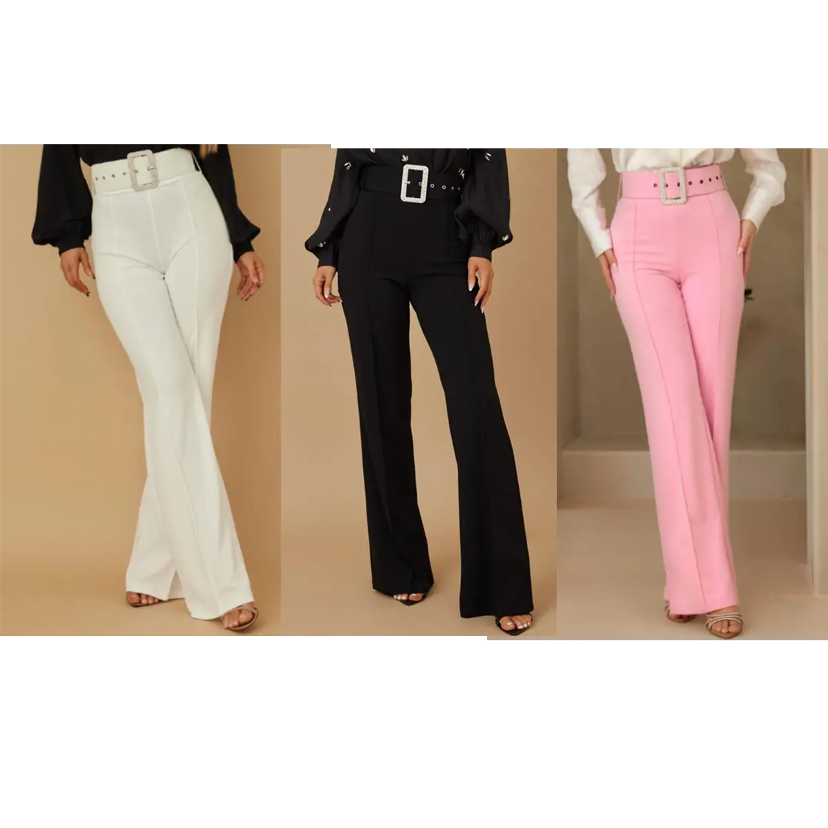 HIGH WAIST JEWEL BUCKLE BELT DETAILED PANTS - ZIPPER IN THE BACK
