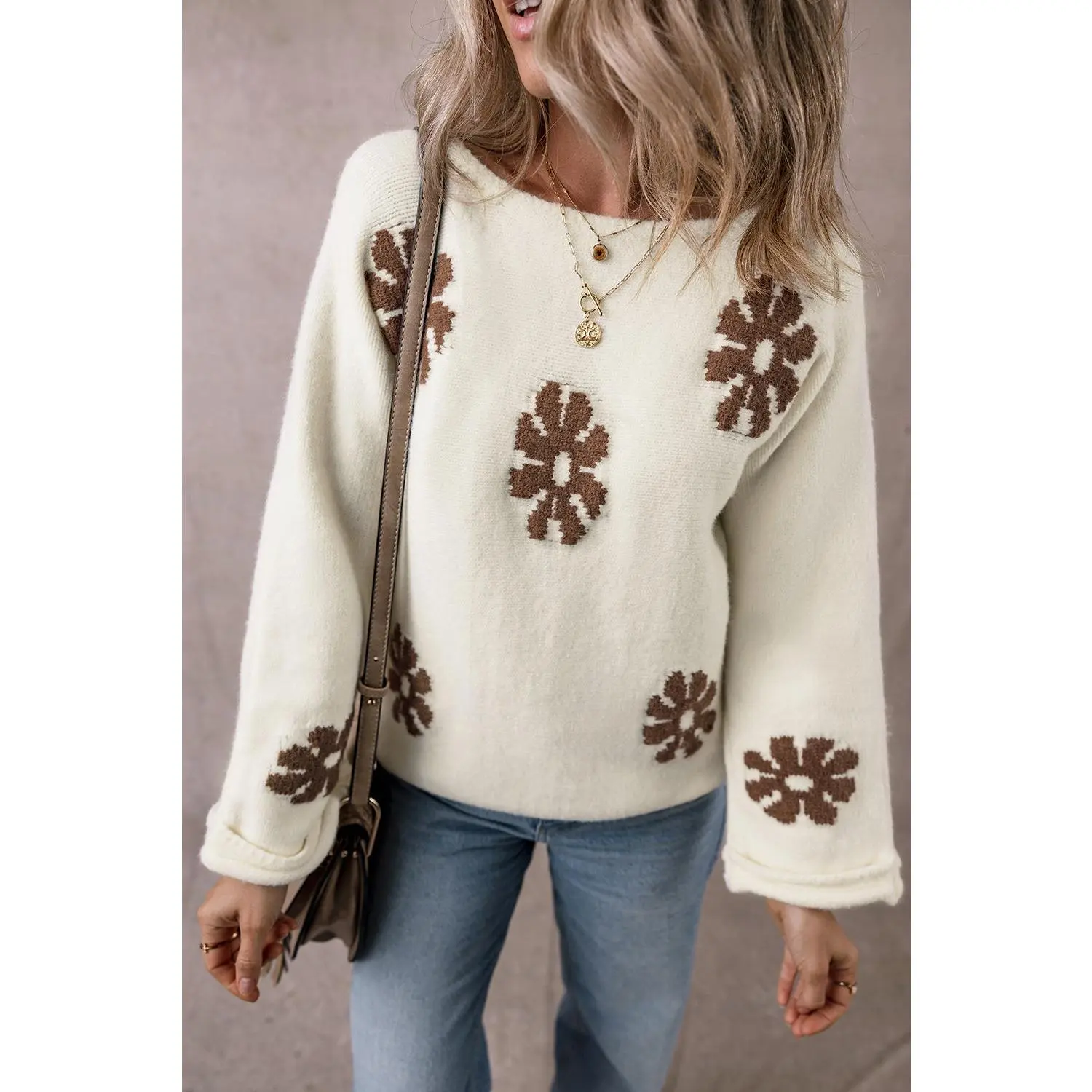 White Colorblock Floral Pattern Round Neck Sweater