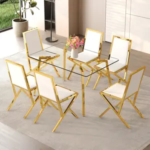 Restaurant table and chair set. Includes a 51 × 31.5-inch tempered glass dining table, paired with a set of 6 or 8 PU dining chairs. A modern, light-luxury style dining furniture ensemble.