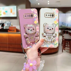 Note 8 Lady Series Fashion Strap Lanyard Phone Holder Case For Compatible With Samsung Galaxy Note 8 Protective PC Cover Casing and Impact Resistant Floral Embellished Cute Bear Protector Cases