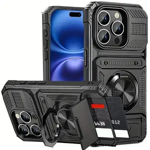 New iPhone Case for Models 17/16e/15/14/13 Pro Max Plus/11/air, Flip Cover with Card Slot & 360° Rotating Ring Holder, Durable Tpu + PC Material