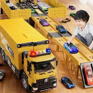 Kids Foldable Three Layer Truck Race Track Toy, Large Container Track Set Includes 6 Alloy Toy Cars, Indoor Play Vehicle Playset for Ages 3-6 Boys Girls, Perfect Holiday & Birthday Yellow Present