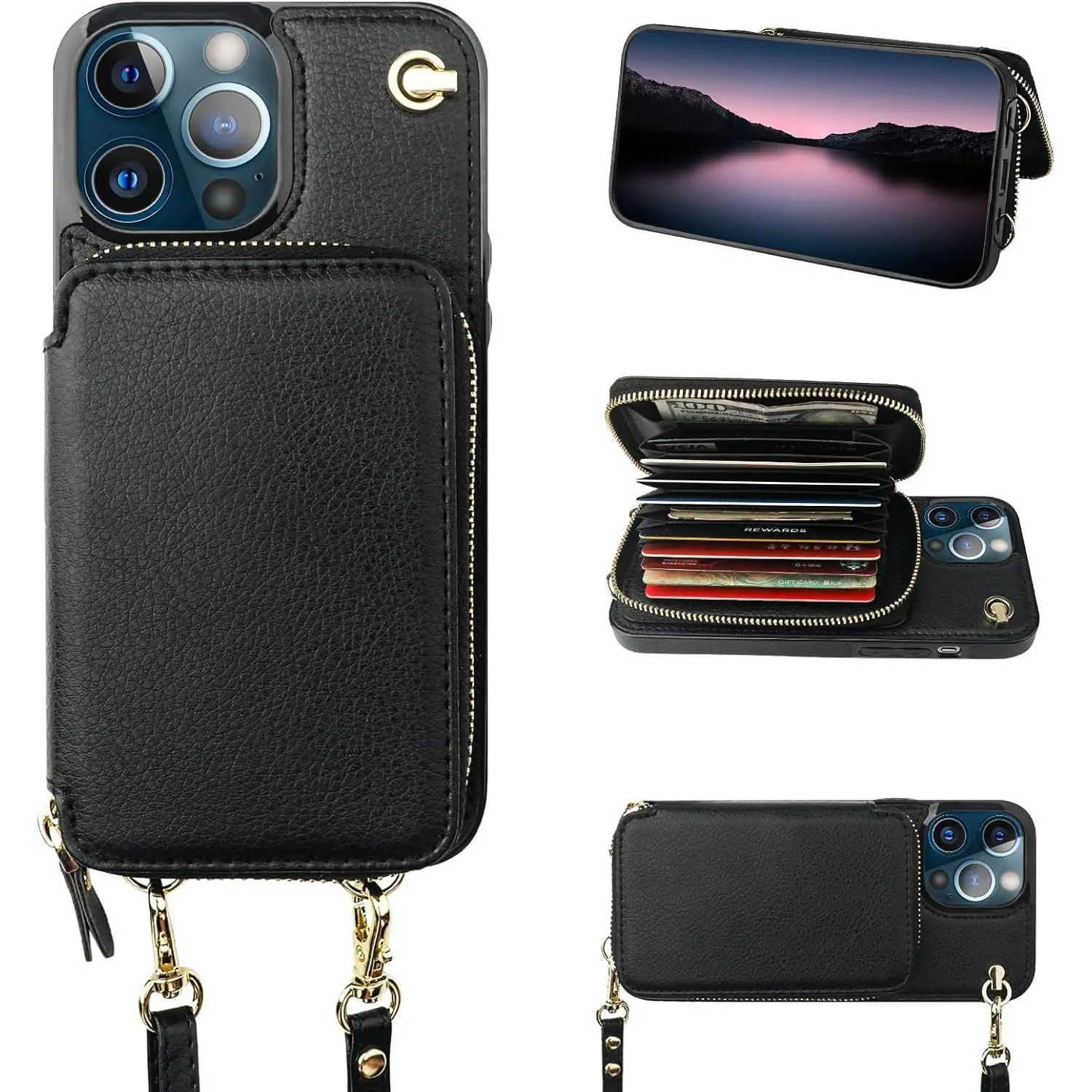 Crossbody Wallet Case for  13 Pro Max, RFID Blocking Leather Purse Case with Card Holder, Protective Handbag Flip Cover with Zipper Wrist Strap Lanyard for Women 5G 6.7 Inch (Black)
