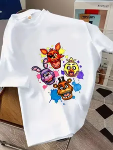 Boys' Casual Short Sleeve T-Shirt, Cartoon Bear Freddy Design, Loose-Fitting Outdoor Wear, Fashionable Boys' Tee, Summer Clothing