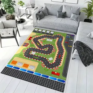 Formula Race Track Grid Crystal Velvet Area Rug Non-Slip Kids Toy Car Play Rug #RaceTrackPlayRug #KidsGameDecor #CheckeredPitStopCarpet #CartoonRacingCircuitMat #CrystalVelvetRug
