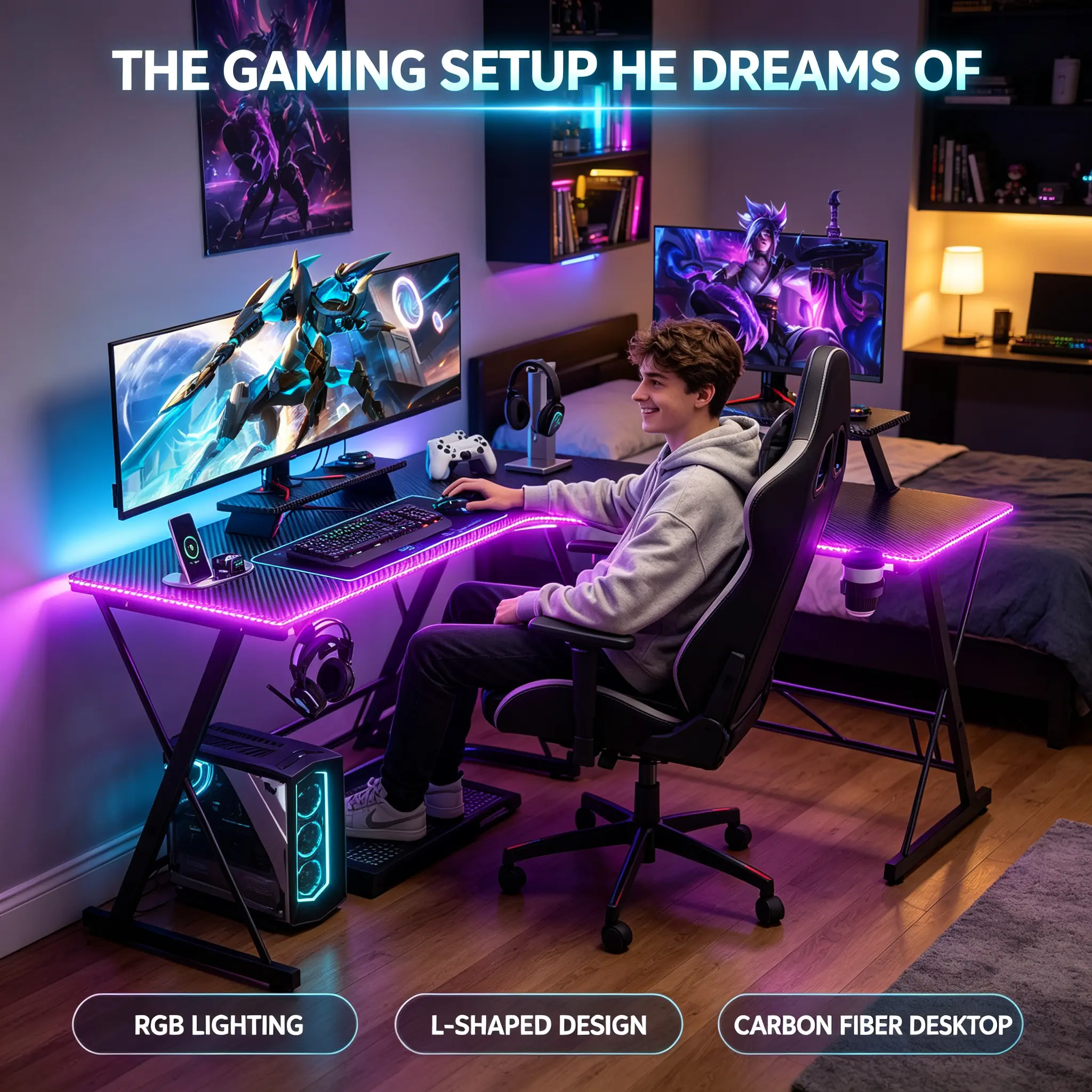 Mr IRONSTONE L Shaped Gaming Desk with Led Lights Corner Computer Desk,L shaped desk, Home Office Desks Writing Workstation with Large Monitor Stand, Easy to Assemble, Carbon Fiber Surface,51 Inch, BlackFriday, CyberMonday