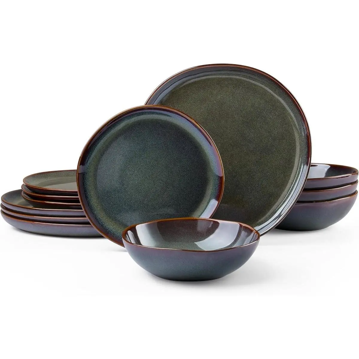 Plates and Bowls Set, Stoneware Dinnerware Sets, 12-Piece Hand-painted Dishware for 4, Ceramic Dinner Set for Home Kitchen, Scratch Resistant, Microwave and Dishwasher Safe, Reactive Moss Green