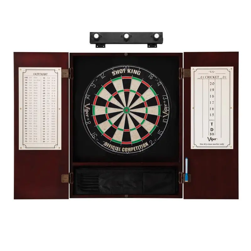 Classic Wood Darts Board Cabinet Set - Solid Pine with Mahogany Brown Finish, Fits 17.75" Regulation Self-Healing Sisal Fiber Dartboard, LED Light, Scoreboard, 2 Sets of Steel Tip Darts for Game Room Use, 17.75" Dartboard