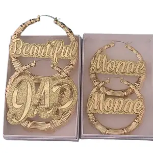 Bamboo Custom Circle Name Earrings - "Beautiful Monae" Design with Gold Finish and Elegant Ring Style