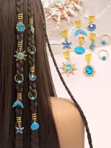 10pcs Summer Beach Conch & Starfish Beachy Hair Rings, Nautical Alloy Hair Cuffs, Ocean Wave Boho Hair Jewelry for Dreadlocks & Braids