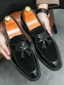Men's Fashion Loafers PU Leather Low Heel Fringe Decor Classic Versatile Business Party Shoes, Stylish Casual Footwear for Men