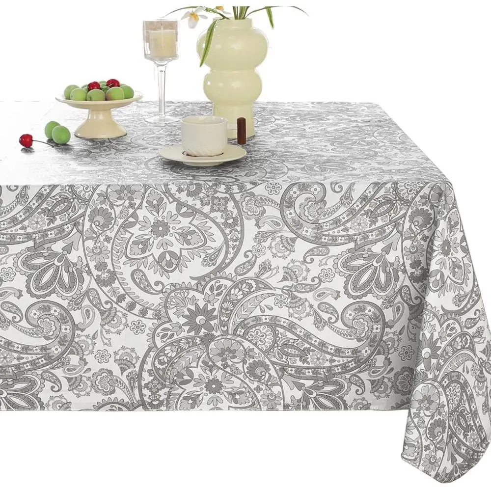 Rectangle Vinyl Paisley Table Cloths,Waterproof Oilproof Plastic Tablecloth with Flannel Backing,Heavy Duty Vintage Grey and White PVC Table Cover for Outdoor Picnic Camping